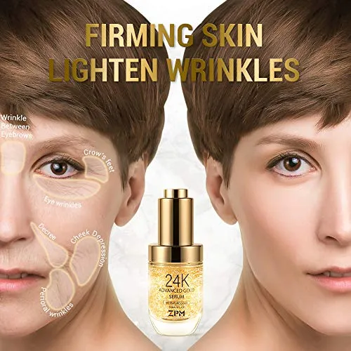 24K Gold Anti Aging Face Serum Moisturizer Enriched with Vitamin C Serum, Hyaluronic Acid, Vitamin E Cream for Day and Night Wrinkle Reduction, Re-activate Skin Youth (1FL.OZ)