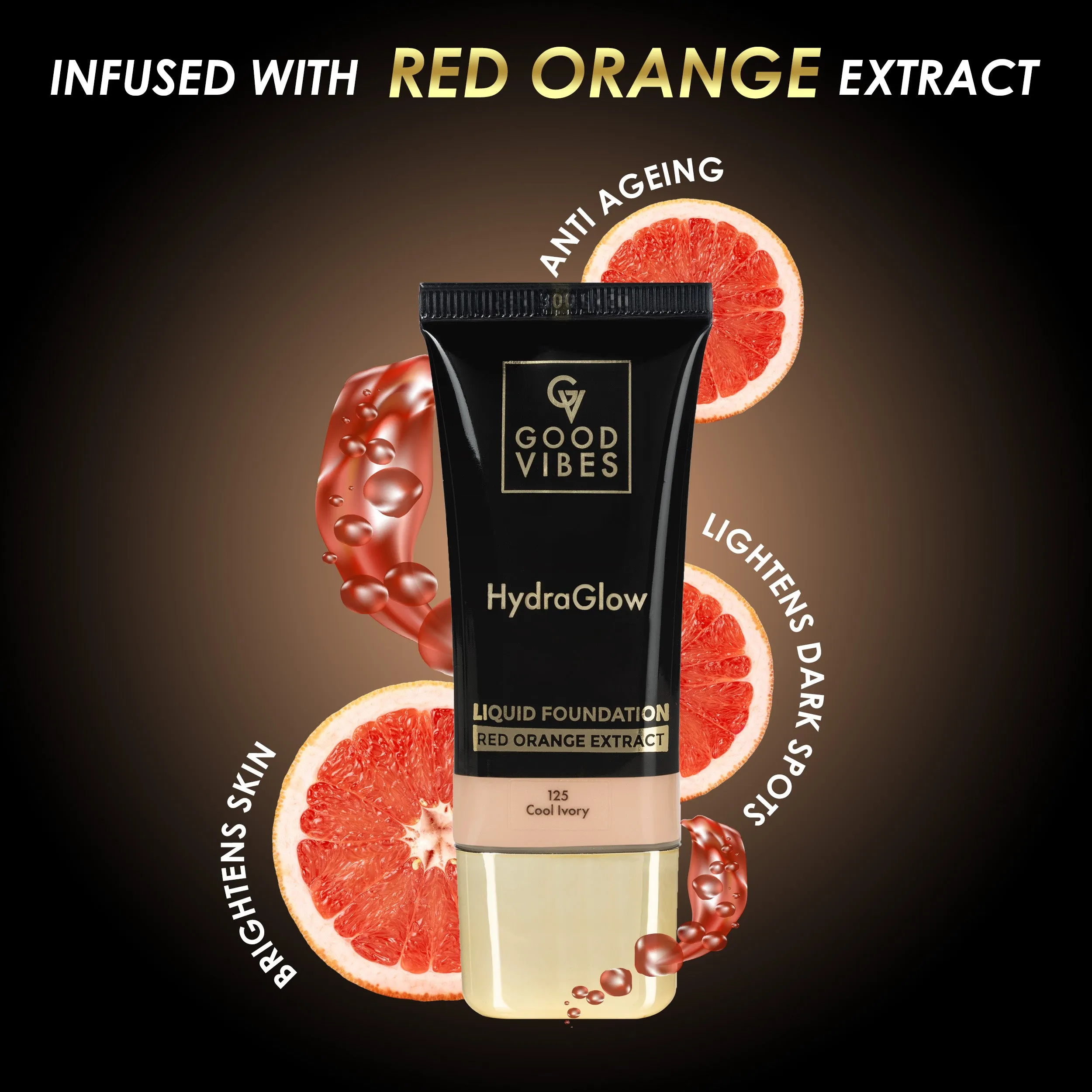 Good Vibes HydraGlow Liquid Foundation with Red Orange Extract - 125 Cool Ivory | 8  Hours Hydration | Natural to Buildable Coverage | Lightweight Comfort | Silky Smooth Finish (30ml)