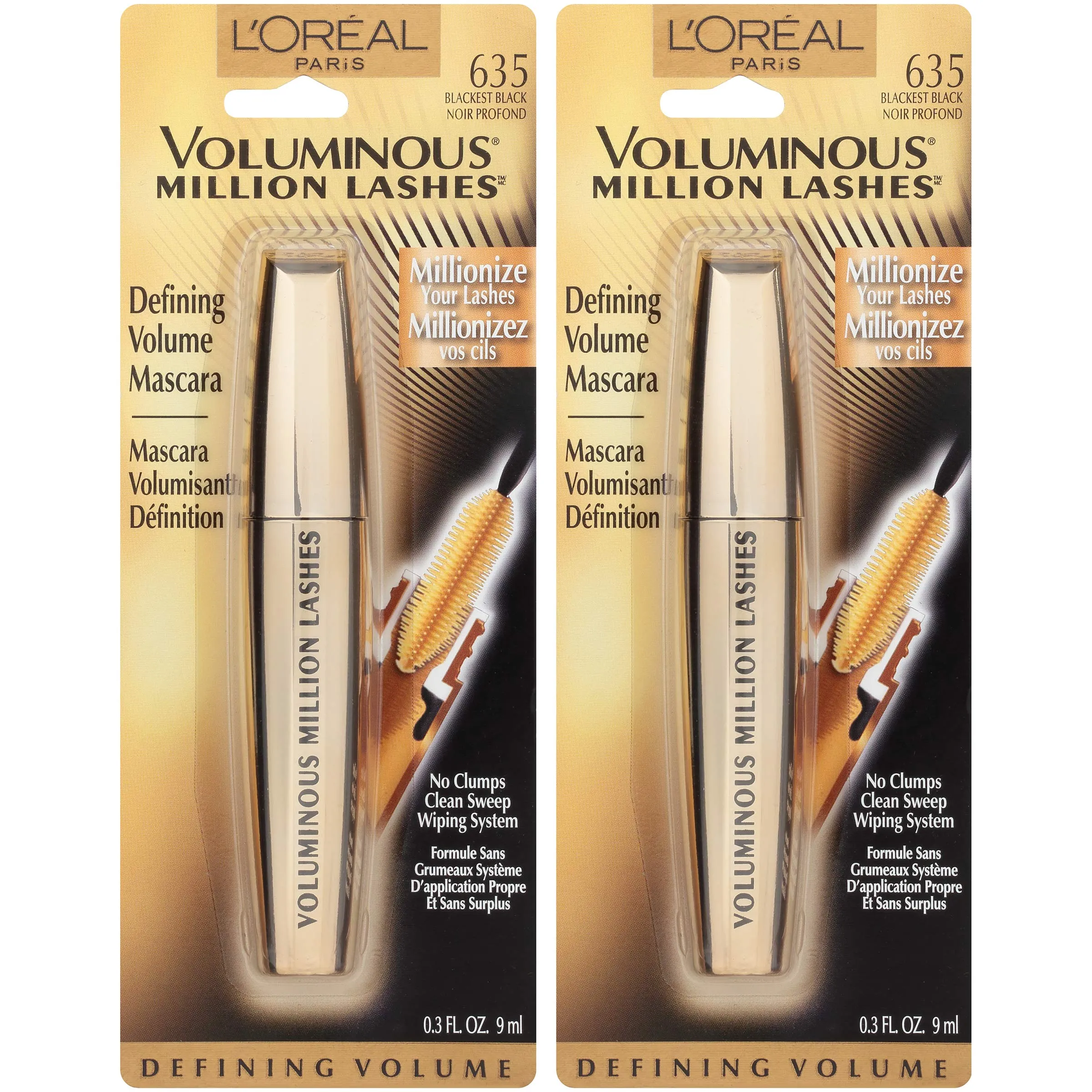 L’Oreal Paris Makeup Voluminous Million Lashes Mascara, Volumizing, Defining, Smudge-Proof, Clump-Free Lengthening, Collagen Infused Eye Makeup, Amplifying Mascara Brush, Blackest Black, 2 Count